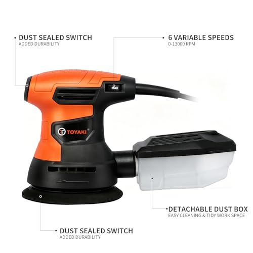 5-inch Orbital Sander, Random Orbit Sander With 6 Variable Speeds, 12pcs Sandpapers, Dust Collection For Woodworking And Sanding