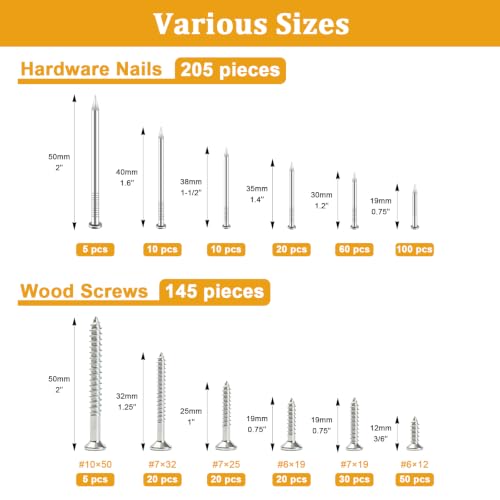 KURUI Picture Hanging Nails & Wood Screws Kit,350Pc 6 Nail & 6 Screw Sizes