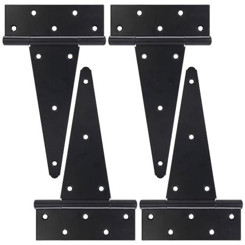 10 Inch T-Strap Gate Hinges, Shed Barn Door Hinges Heavy Duty, Black Tee Hinges for Wooden Fences, Yard Gate, Wrought Hardware Iron Rustproof (4 Pack/Set) - size: 10 Inch