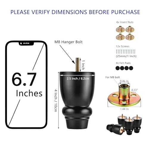 Maricome 4 inch Wood Furniture Legs Bun Feet Set of 4 Predrilled M8 Bolt Black Wooden Replacement Legs for Chair Dresser - color: 4 Inch Black