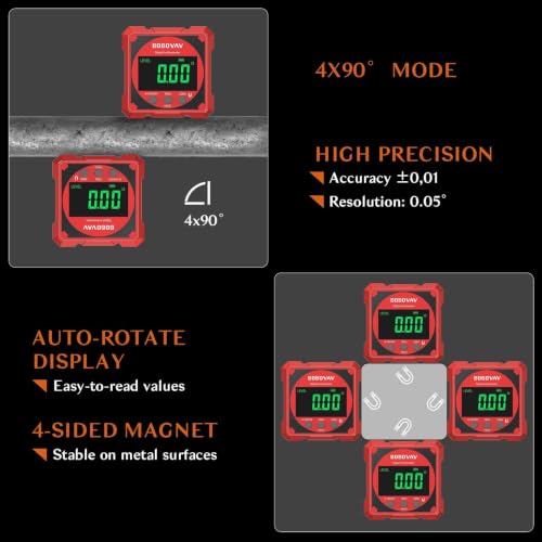4-side Magnetic Digital Angle Gauge with Laser(Class 2, ＜1mW Output), 4 * 90° Rechargeable Electronic Inclinometer Protractor Level Gauge for Woodworking Tablesaw- Red - color: Red