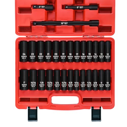 29 Pieces 1/2" Socket Set, Drive Deep Impact Socket Set with 3", 5", 10" Extension Bars, 6 Point SAE and Metric (3/8"-1", 10mm-24mm), Cr-V Steel - color: 1/2-29pcs