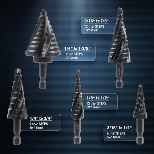 Step Drill Bit Set, 5PCS Four Spiral Flute Step Bits for Metal, 50 Sizes Titanium-Coated HSS Drill Bits with 1/4" Hex Shank for Stainless Steel Aluminum Wood Plastic