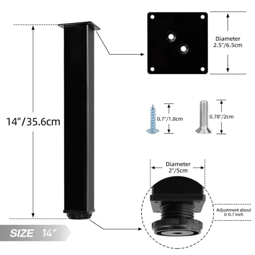 QLLY 14 Inch Adjustable Metal Coffee Table Legs, Heavy Duty Square Furniture Legs with 1” Leveling Feet for Ottoman, Bench, End Table and Sofa Replacement, Set of 4 (Black) - color: Black, size: 14 inch