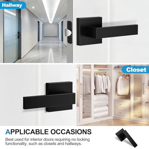 Plustool 10 Pack Matte Black Door Handles Interior, Passage Door Knobs Closet Door Levers for Hallway, Heavy Duty Square Doorknob Non-Locking Handlesets for Left & Right Sided Doors