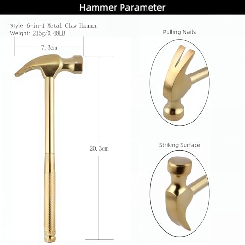 Multifunction Hammer 6 in 1 with Slotted/Flat Head Phillips Screwdriver Claw Hammer Manual, Portable Metal Mini Tool Hammer (Gold) - color: Gold