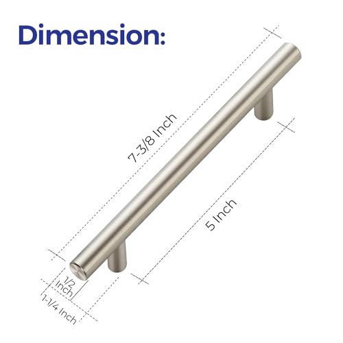 Ravinte Cabinet Pulls,7.38" Length, 5" Hole Center,Brushed Nickel,30 Pack | Round T-Bar Shape, Kitchen Drawer Pulls, Stainless Steel Feel, Cabinet Handles, For Cupboards, Drawers, Dressers, Cabinets - color: Satin Nickel