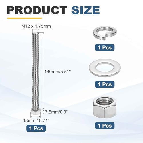 MECCANIXITY M12 x 140mm 304 Stainless Steel Hex Head Screws Bolts, Nuts, Flat & Lock Washers Assortment Kit, Fully Threaded, Bright Finish for Home, Electronic, Machine, 1 Sets - size: M12 x 140mm