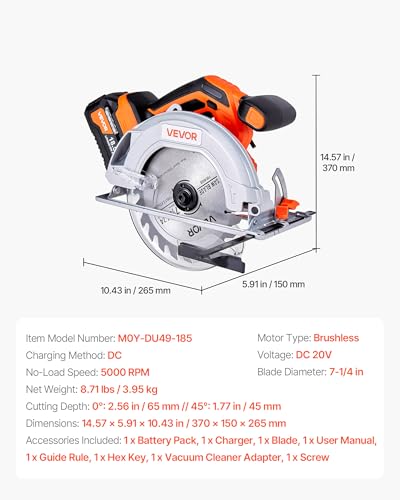VEVOR 20V Cordless Circular Saw, 7-1/4" Brushless Circular Saw for Makita 18V Battery, 5000 RPM, 0-45 Degree Bevel Capability, LED Light, Kit with Battery and Charger Included, for Wood Cutting - size: 7-1/4 in