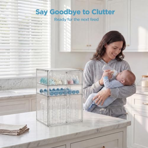 HBlife Baby Bottle Storage Organizer for Countertop Cabinet, 3 Tiers Adjustable Clear Acrylic Bottles Storage Station Case Box Container with 2 Removable Dividers and Magnetic Double Door, X-Large - size: X-Large, style: 3-Tier Double Door