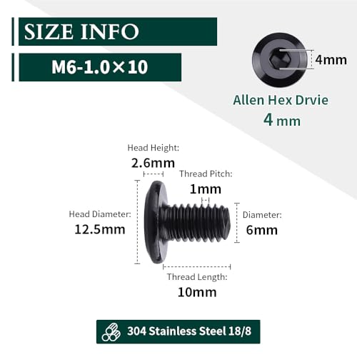 M6-1.0 x 10mm (25 pcs) Black Hex Socket Head Cap Screws, 304 Stainless Steel 18/8, Furniture Bolts, Connector Screws for Furniture, Black Oxide Finish, Full Thread, Hex Spanner Wrench Included - size: M6-1.0 x 10mm