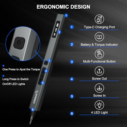 STREBITO Mini Electric Screwdriver Set 155 in 1, Small Electric Screwdriver | Upgraded 5 Torque & Indicator, 140 S2 Magnetic Bits, 500mAh Battery, Electronics Tool Kit for RC, Computer, PC, Laptop, Phone - color: Upgraded-blue