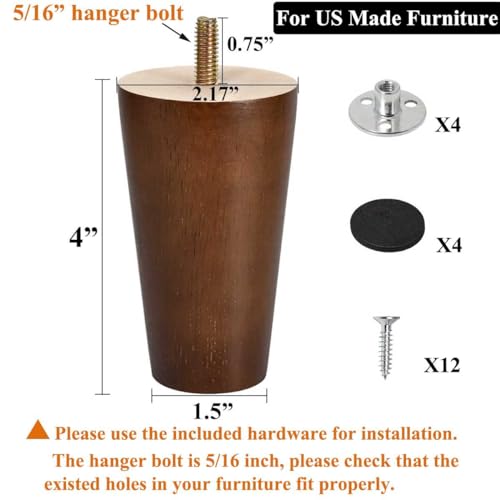 Furniture Legs 4 inch Wood Sofa Legs Brown Replacement Legs for Couch Cabinet Futon Dresser Pack of 4 - size: 4 inch Brown