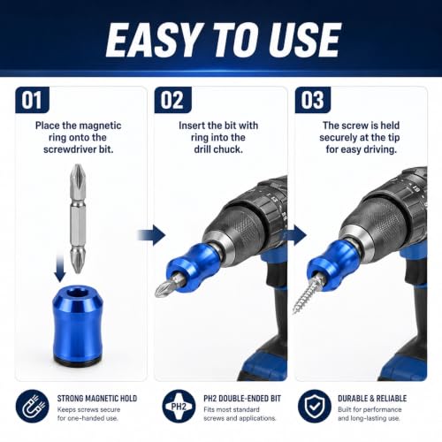 6-PCS Magnetic Screw Holder & 3-PCS S2 Screw Bit, Strong Magnetic Screw Ring for 1/4" Hex Screwdrivers & Drill Bits, Stackable Magnetic Ring for Power Tools, Mechanics, Auto Repair & DIY Projects