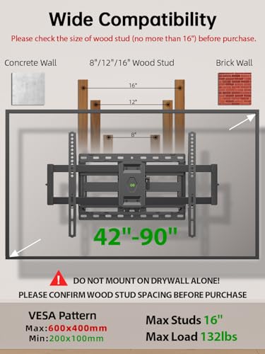 USX Mount Full Motion TV Wall Mount for Most 42-90 inch Flat Screen/LED/4K, TV Mount Bracket Dual Swivel Articulating Tilt 6 Arms, Max 16" Wood Studs, VESA 600x400mm, Holds up to 132lbs - size: For 42" to 90" TVs