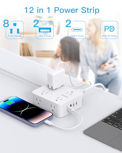 PD 30W USB C Power Strip Surge Protector 6Ft, 1080J Desk Charging Station - color: White&Gray, size: 6ft