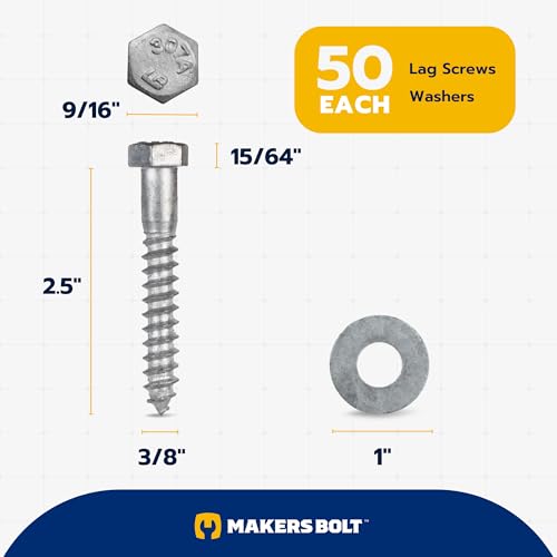 3/8 x 2-1/2 (50 Pack) Lag Screw Kit, 50 Screws and 50 washers, Hot Dip Galvanized, Meets ASME B18.2.1 Industrial/Commercial Grade by Makers Bolt - size: 3/8 x 2-1/2