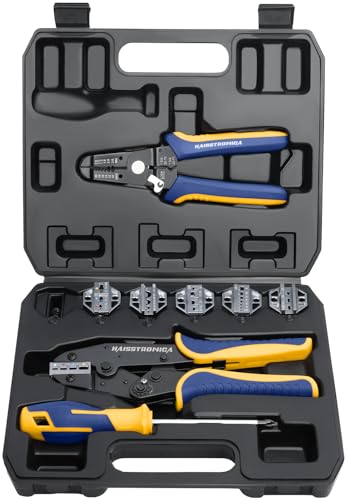 haisstronica 8PCS Crimping Tool Set, 6PCS Dies Wire Stripper and Driver | Interchangeable Dies, AWG-Marked Cavities, Blow-Molded Storage, Organized Component Layout, Electronics Repairs