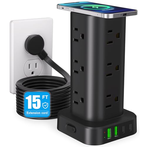 Power Strip Tower with Wireless Charger,Surge Protector with 12 Outlets - color: Black, size: 15FT with Wireless Charging