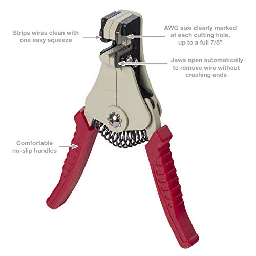 Gardner Bender SE-92 Strip-Easy Automatic Wire Stripper, 22-8 AWG, Solid or Stranded Wire, Easy Squeeze, Strips Wire Clean Up To Full ⅞ inches, No Slip Handles, No Nick, Automatic Open Jaws , Red