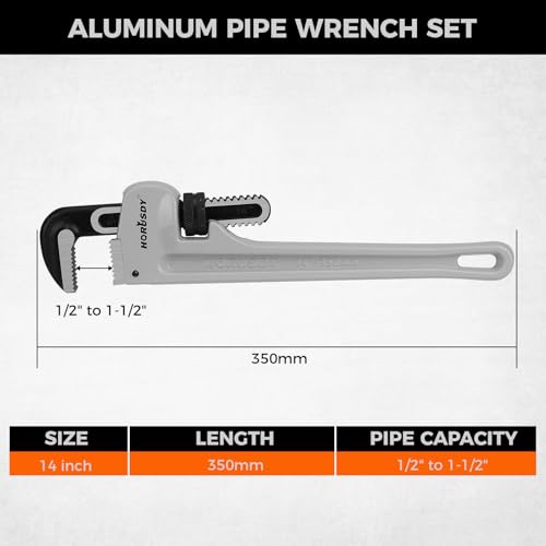 HORUSDY Pipe Wrench 14-Inch, Aluminum Heavy Duty Adjustable Straight Plumbing Pipe Wrench, 350mm, 1/2"–1-1/2" Capacity, Lightweight Gray Tool with Strong Grip for Pros, Maintenance & DIY - style: 14" Lightweight Aluminum