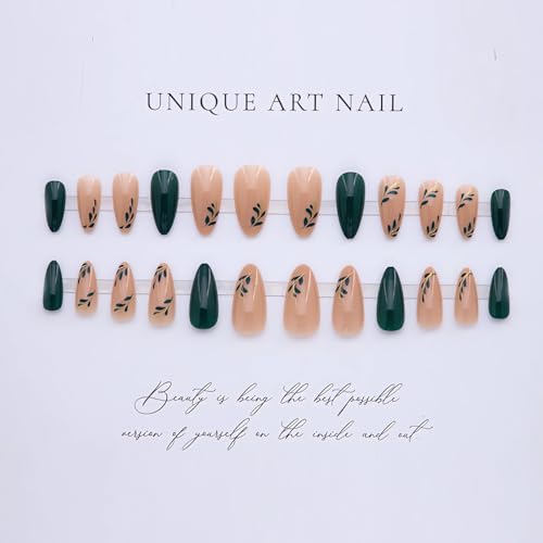 LPOODDNU Almond Press on Nails - Dark Green Medium Fake Nails with Leaf Designs, Glossy Finished Reusable False Nails with Double Adhesive Glue Tabs - 24Pcs Nail Kit for Women Manicure - color: dark green leaf