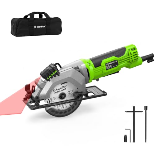 TaskStar Mini Circular Saw with Laser Guide: 4.8A 4000RPM Compact Corded Power Cutter, 4-1/2 in Electric Hand Tool with Rip Fence, 3 Blades for Wood, Soft Metal, Tile, Plastic Cutting