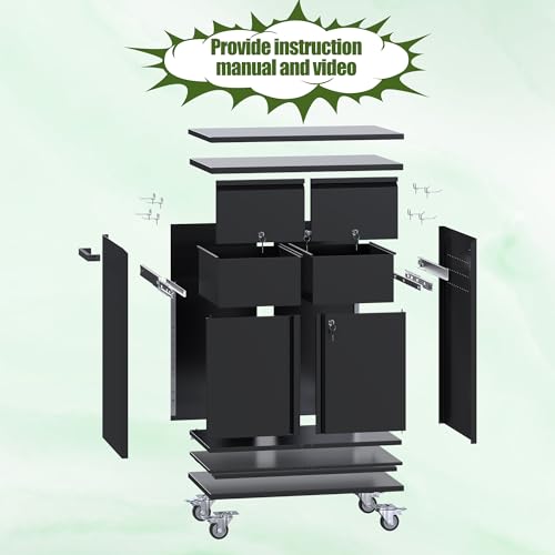 Aobabo Rolling Metal Garage Cabinet with 2 Drawers, Lock and Pegboard - color: Black, size: 18.11"D x 30.31"W x 35.43"H-2 Drawers