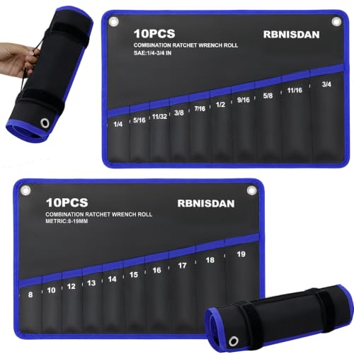 2 Pack Wrench Organizer Roll Up Pouch (10 SAE & 10 Metric Labeled Pockets)