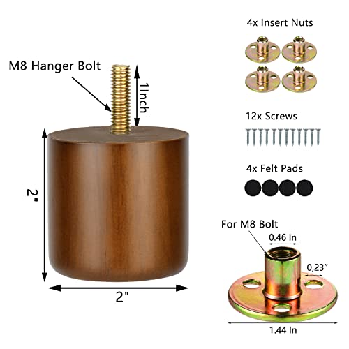 Maricome 2 Inch Wood Furniture Feet Set of 4 Predrilled M8 Bolt Mini Small Replacement Legs for Ottoman Dresser Chair Short Solid Column Modern - color: 2 Inch Walnut Column