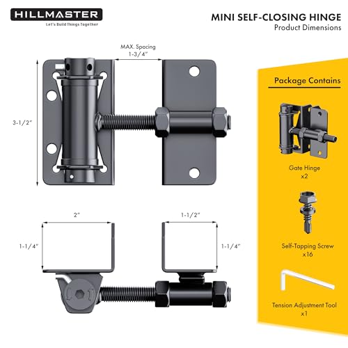 Heavy Duty Self Closing Gate Hinges for Metal/Vinyl/PVC/Wood Fence,90 Degree Narrow Wood Door Hinges with Adjustable Tension,Gate Closer Hinges for Swing Door,Gate Hardware Kit,2 Pack/Set,Black Finish