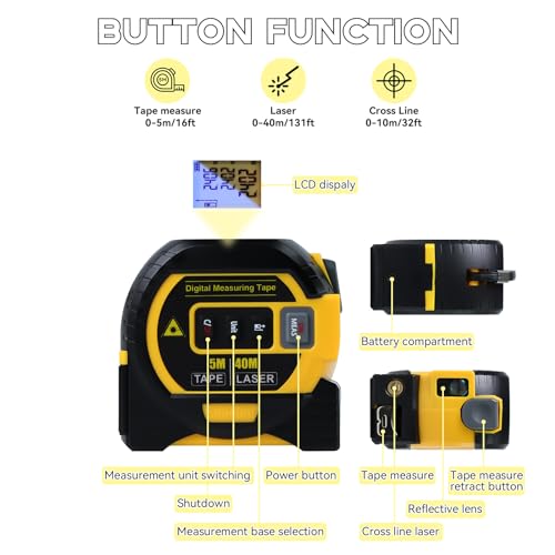 3 in 1 Digital Laser Tape Measure | Laser Level Crosshairs | 130ft/40m LCD | Laser distance measure+tape in one tool.130ft range, 16ft AutoLock, crosshairs, backlit display. Units: ft/in/m/mm/fractions. - color: Yellow/131FT/40meter