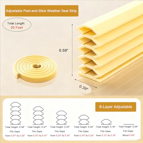Rip-to-Fit Weather Stripping – 20 Feet, 5-Layer Adjustable Self-Adhesive Weather Seal Strips Fits Big Gaps(0.04-0.59 Inch), for Door Frame Door Insulation Strip Waterproof, Yellow - color: Yellow