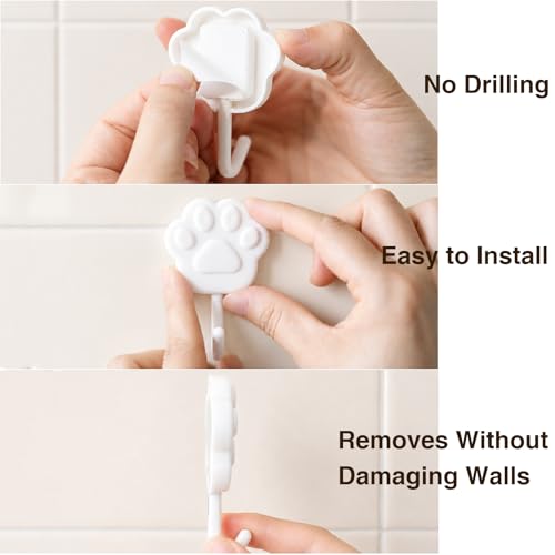 Cute Paw Self Adhesive Wall Hooks, Decorative Hooks for Walls No Damage 4lb | Small White Stick on Hooks for Keys, Dog Leashes, Towels and Bags, Ideal for Bathrooms, Kitchens, Entryways, Closets and RVs