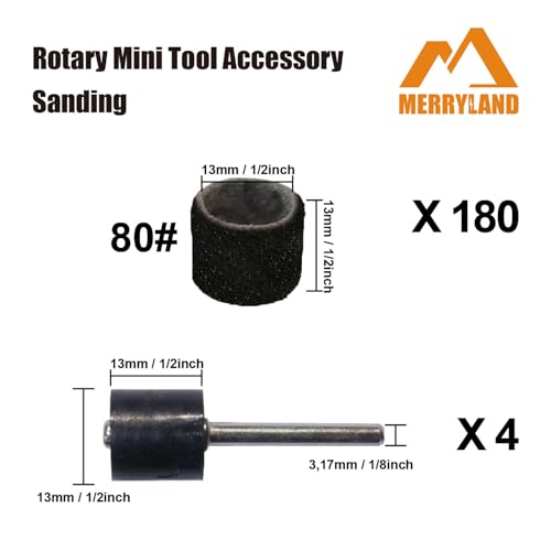 Merryland 184 Pack Sanding Drum 1/2 inch 80 Grit Drum Sander for Dremel - size: 80# 1/2" Sanding Band 184pcs