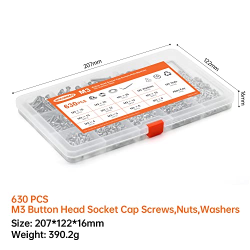 630PCS M3 x 4/5/6/8/10/12/14/16/18/20/25mm Button Head Socket Cap Screws Bolts and Nuts Flat Washers Assortment Kit, 304 Stainless Steel, Metric Machine Fully Thread, Allen Hex Drive - size: M3 Button Head (630PCS)