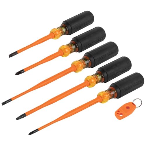 Klein Tools 33736INS Insulated Screwdriver Set, Made in USA, 1000V Slim-Tip Driver with Phillips, Cabinet and Square Bits and a Magnetizer, 6-Piece - style: 6-Piece Set