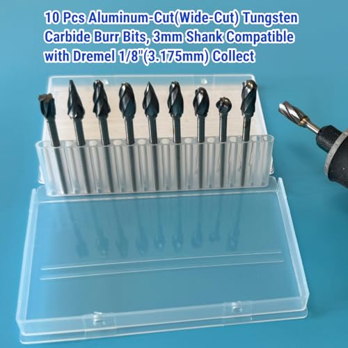 Sworker 10 Pcs Carbide Burr Set 1/8" Shank Compatible with Dremel Bits Aluminum Cut (Wide-Flute Cut) Rotary Tools Attachment Kit Rasp Drill Accessories Metal Wood Stone Steel Grinding Carving Cutting