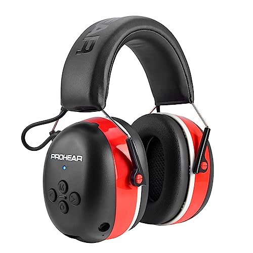 PROHEAR 037 Bluetooth 6.0 Hearing Protection Headphones with Rechargeable 1100mAh Battery, 30dB SNR Safety Noise Reduction Ear Muffs with 120H Playtime for Mowing - Red - color: 037red