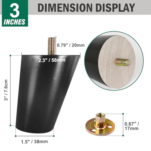 FoDau770 Rubber Wood Legs 3", Slant Taper, 5/16"-18 Thread, Black, 4pcs | Wood Couch legs - Mid Century Sofa Legs - Furniture legs Replacement for Cabinet Dresser Chair Ottoman - color: Black, size: 3 Inch - Slanted (80°)