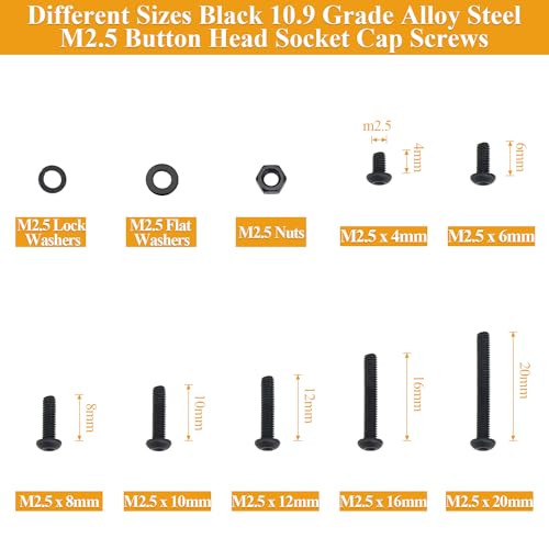 705 Pieces M2.5 Screws Nuts Washers Set Black, Sutemribor M2.5 x 4/6/8/10/12/16/20mm Button Head Socket Cap Screws Nuts Washers Assortment Kit, 10.9 Grade Alloy Steel, Fully Threaded - size: M2.5 x 4/6/8/10/12/16/20mm Kit, style: Button Head