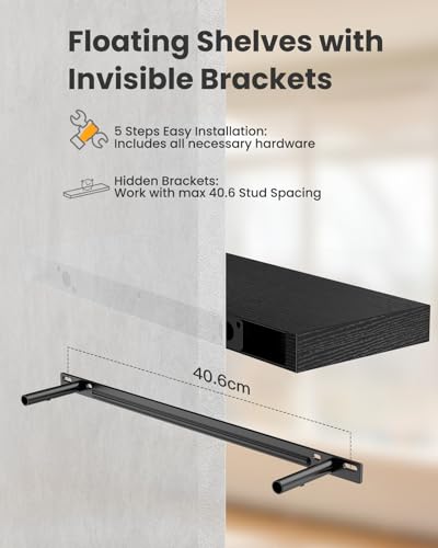 Amada 24 Inch Floating Shelves with Invisible Brackets, Set of 2, Black | Wall Shelves with Hidden Bracket, Solid MDF Wood, 22 lbs Max Load per Shelf, Easy to Assemble, Multi-Wall Compatible - color: Black, size: 24 inches