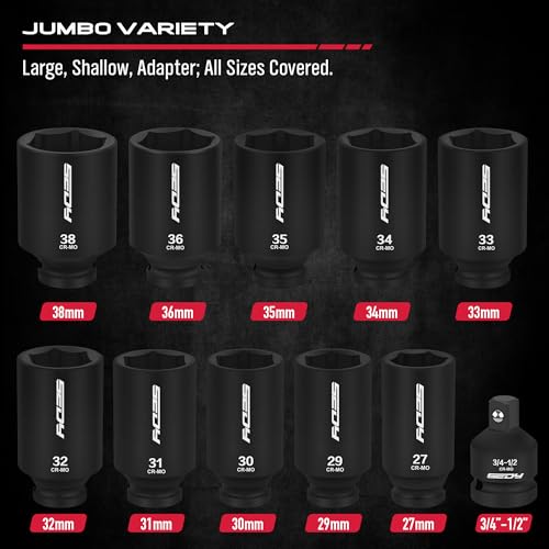 1/2 Drive Deep Impact Socket Set: 11-Piece Metric Size Wheel Axle Nut Wrench Metric Large Jumbo 27mm 29mm 30mm 31mm 32mm 33mm 34mm 35mm 36mm 38mm Spindle Joint High Torque Truck Bearing Locknut - style: 1/2" | 11-Piece Metric Jumbo