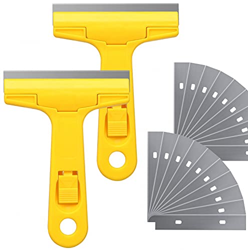 2pack Razor Blade Scraper, Industry Glass Window Scraper, Heavy Duty Cleaning Scraping Hand Tool with 20pcs Blades for Putty Residue Stains Paints Glue Mud Wallpaper Removing Remover Cleaner (Yellow) - color: Yellow