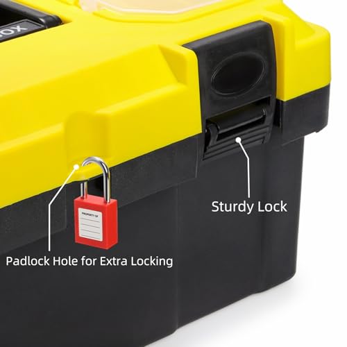 Cididu 16 Inch Plastic Tool Box with Handle, Portable Toolbox with Removable Tray and Lockable Design, Heavy Duty Toolbox Organizer with Small Parts Box for Household Workshops Garages, Black Yellow
