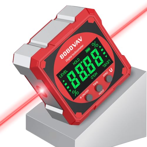 4-side Magnetic Digital Angle Gauge with Laser(Class 2, ＜1mW Output), 4 * 90° Rechargeable Electronic Inclinometer Protractor Level Gauge for Woodworking Tablesaw- Red - color: Red