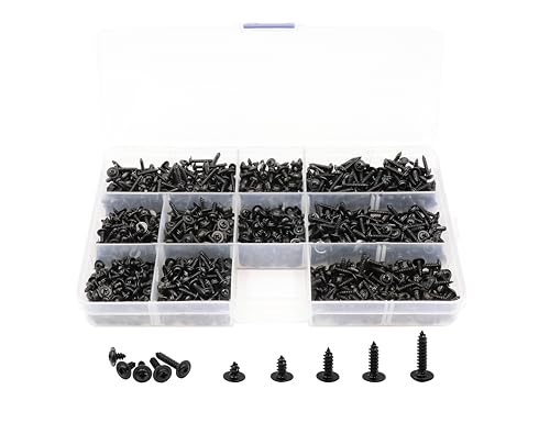 LBY 1000pcs M2.3 M2.6 Truss Head Self-Tapping Screws, Wafer and Pan Washer Screw, 10 Sizes Assortment Kit, Carbon Steel (Blacking)