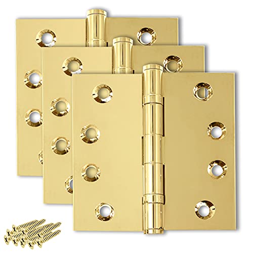 Solid Brass Door Hinge Heavy Duty Ball Bearing Polished Shiny Gold 4x4 Inch - Set of 3 Hinges (Polished Brass) - color: Polished Brass
