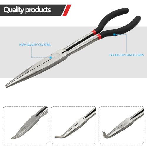 4-Piece 11" Extra Long Nose Pliers Set with Insulated Comfort Grip Handles - size: 4 Pieces - 11" - Straight/25°/45°/90°