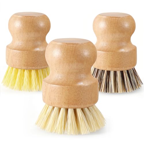 Wooden Dish Brush Handheld Bamboo Wok Brush Scrubber for Dishes Pans Pots Fruit and Veggie Washing(3,Beige Brown and Yellow) - color: Beige Brown and Yellow